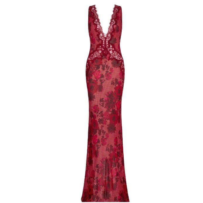 Women's form-fitting evening dress in mermaid cut with deep V-neck and floral lace trim StylebySassy