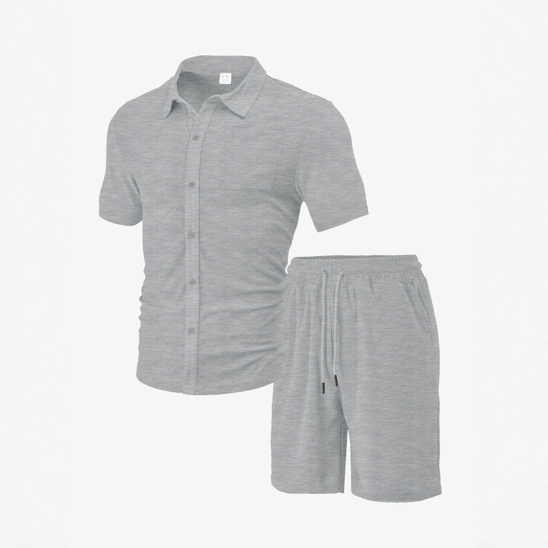 Men's buttoned leisure set with shirt collar herringbone structure chest pocket and drawstring shorts StylebySassy