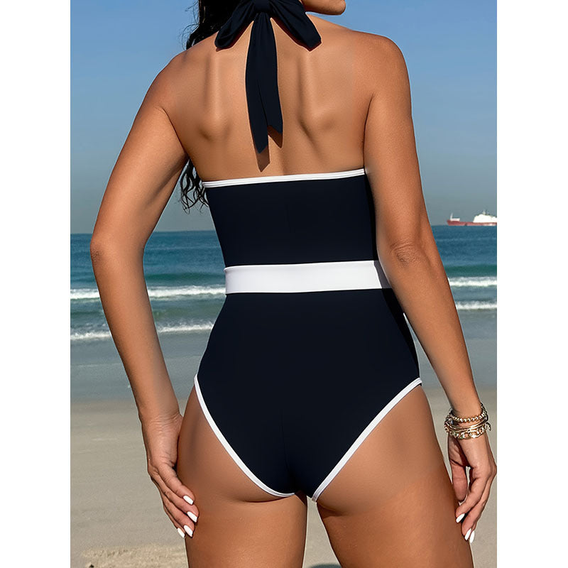 Women's One-Piece Swimsuit with Modern V-Neck and Emphasized Waist Belt StylebySassy