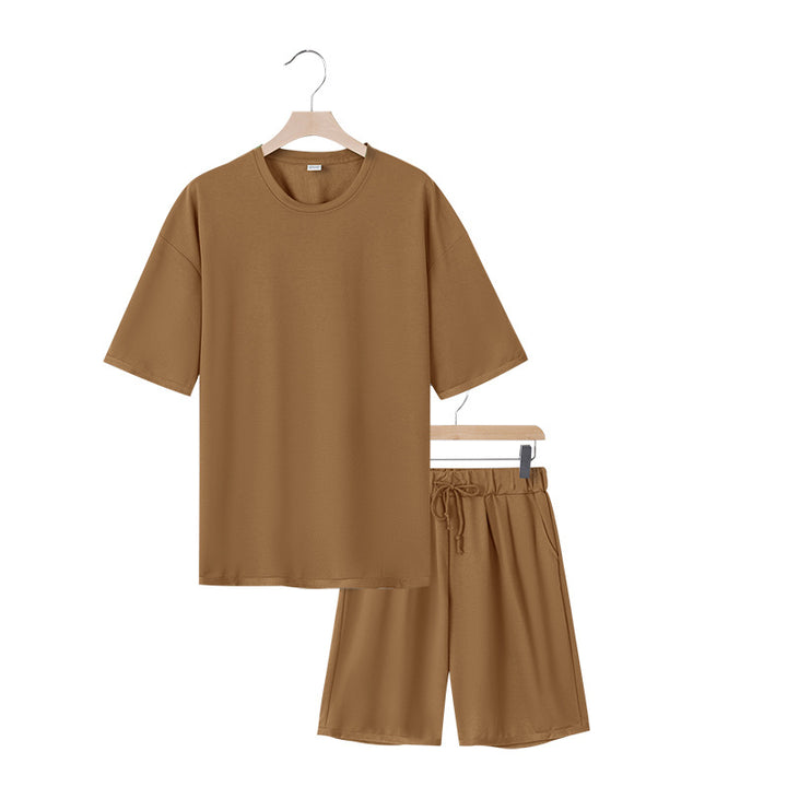 Men's relaxed jersey set with extended round neck t-shirt and elastic drawstring shorts StylebySassy