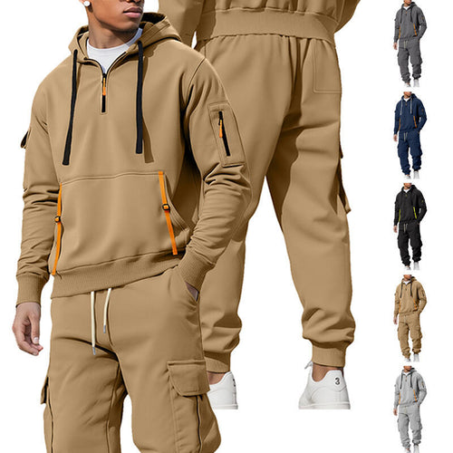 Men's casual half-zip hoodie with kangaroo pocket and cargo jogging pants with zipper details StylebySassy