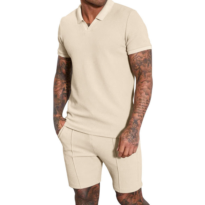 Men's short-sleeved half-collar knit set with fine waffle structure and straight-cut shorts StylebySassy