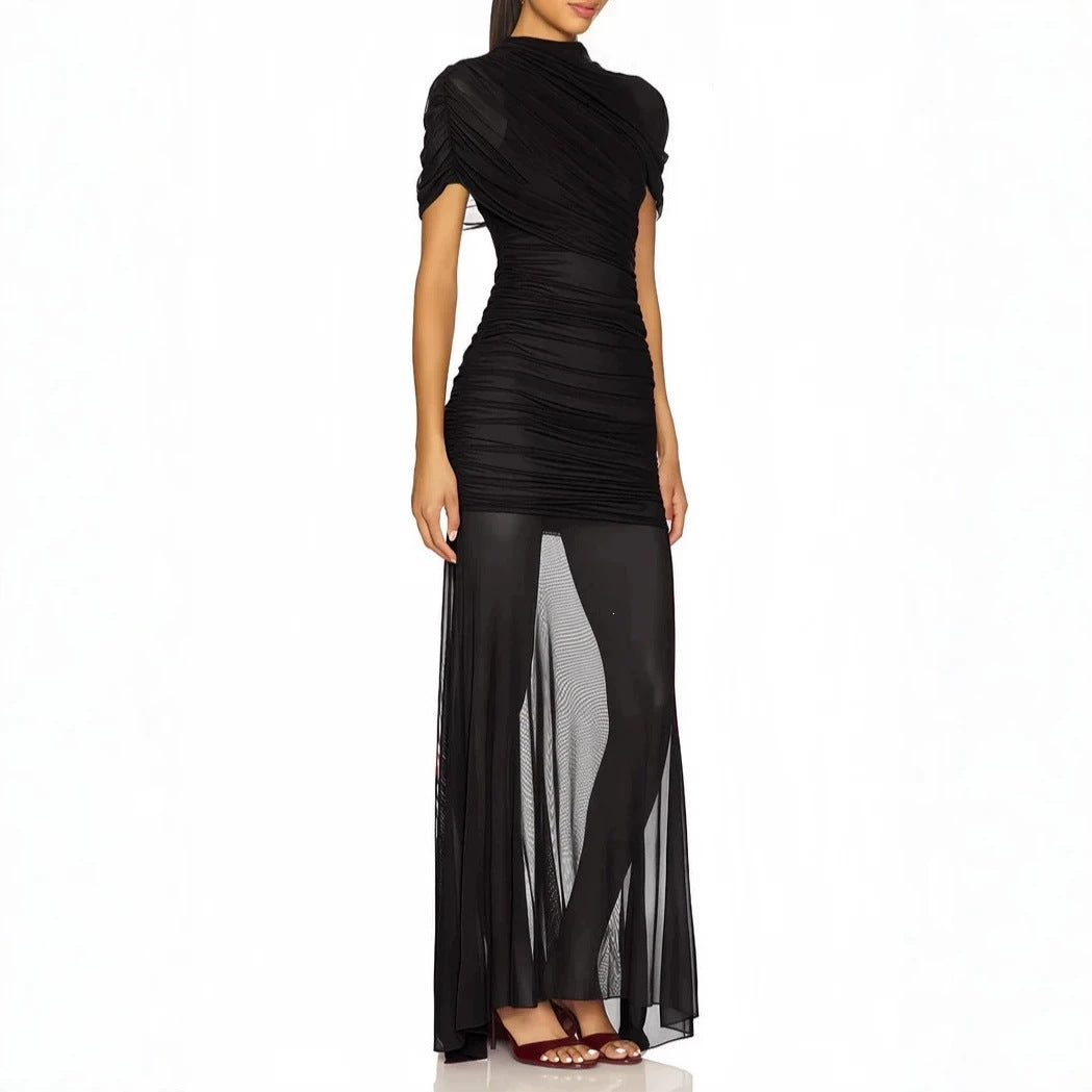 Women's Elegant Cocktail Dress with Ruffled Design and Transparent Layer