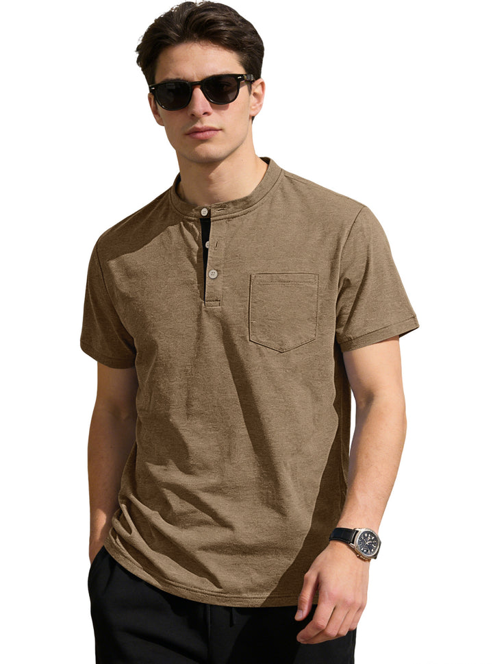 Men's structured cotton henley shirt with short stand-up collar button placket and chest pocket StylebySassy