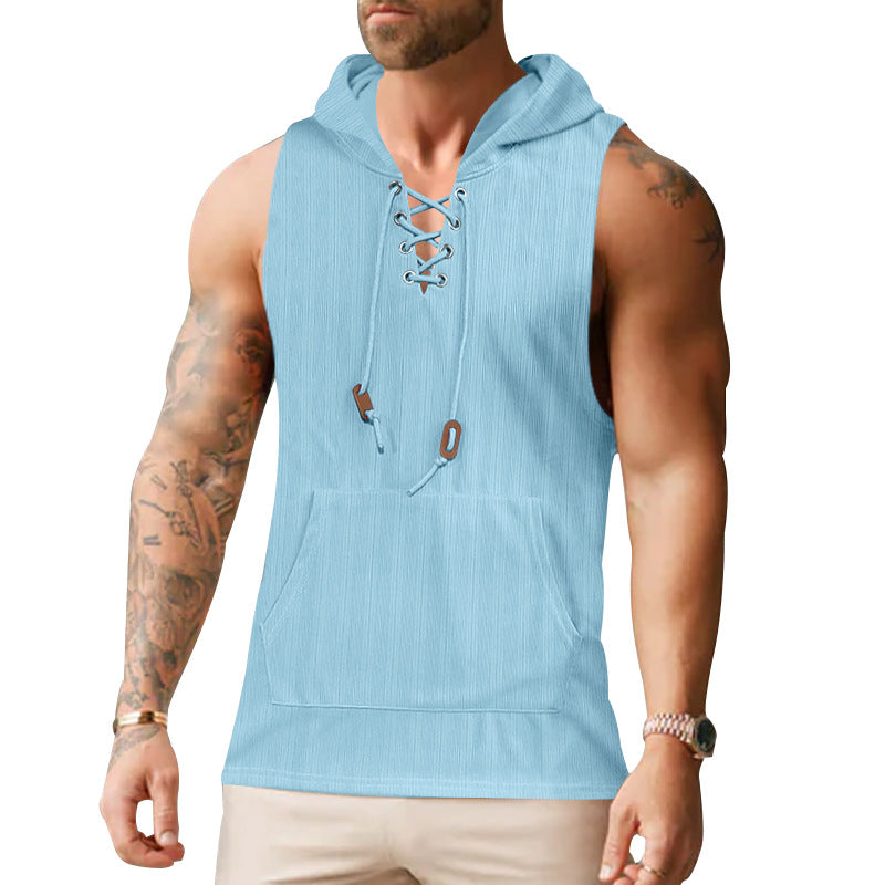 Men sleeveless hoodie sweatshirt with laced collar and kangaroo pocket StylebySassy