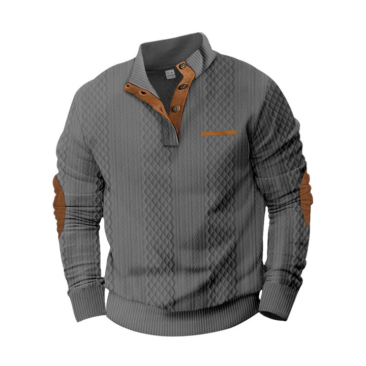 Men's knitted pullover with stand-up collar, button placket and elbow patches StylebySassy