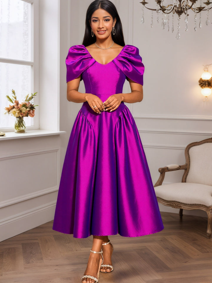 Ladies Elegant Satin Evening Dress with Voluminous Puff Sleeves StylebySassy