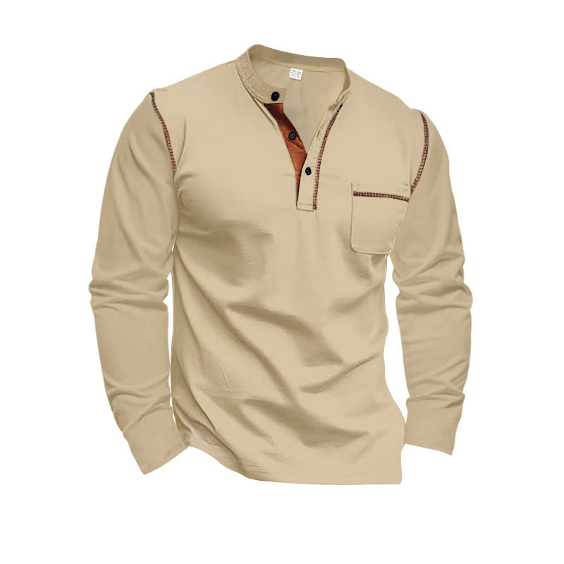 Men's long sleeve shirt with mandarin collar, chest pocket, and contrast decorative seams StylebySassy
