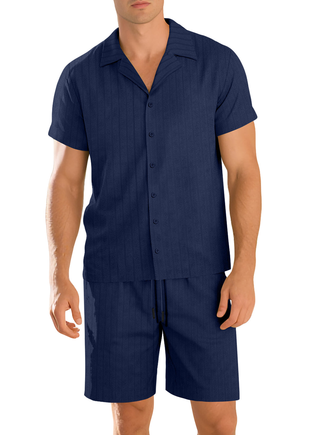 Men's ribbed knit lounge set with lapel collar short-sleeve shirt and comfort bermuda StylebySassy