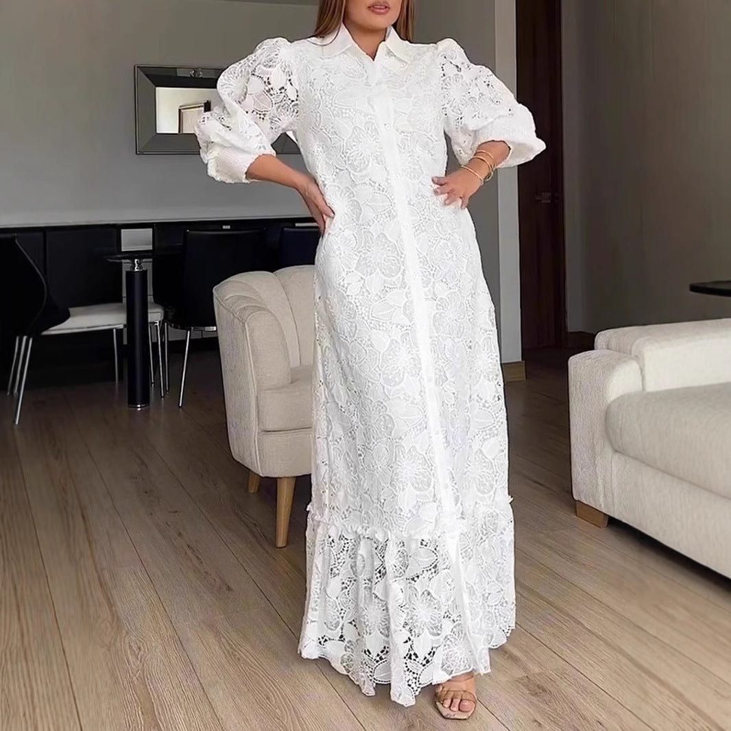 Ladies' maxi dress made of lace with shirt collar and puff sleeves StylebySassy