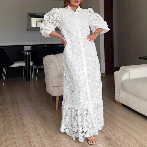 Ladies' maxi dress made of lace with shirt collar and puff sleeves StylebySassy