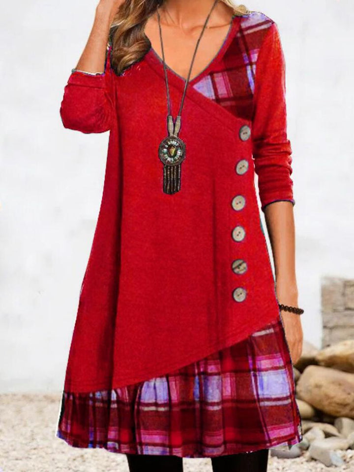 Women's asymmetrical V-neck tunic dress with decorative button placket and animal print trim StylebySassy