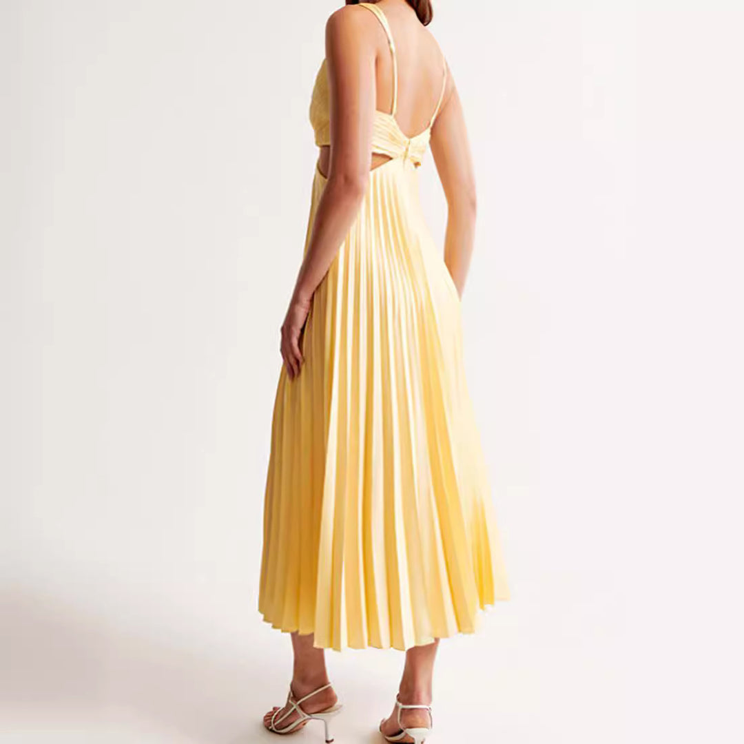 Women's pleated midi dress with twisted bustier section and side cut-outs StylebySassy