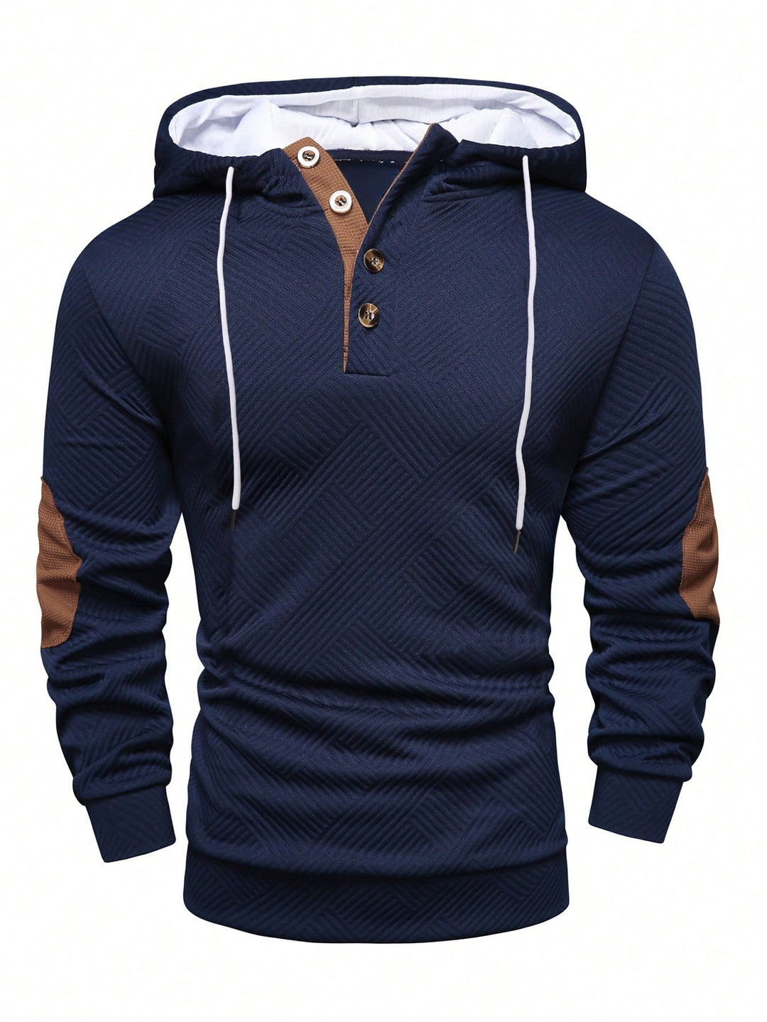 Men's structured hoodie in Henley style with contrast trim and elbow patches StylebySassy