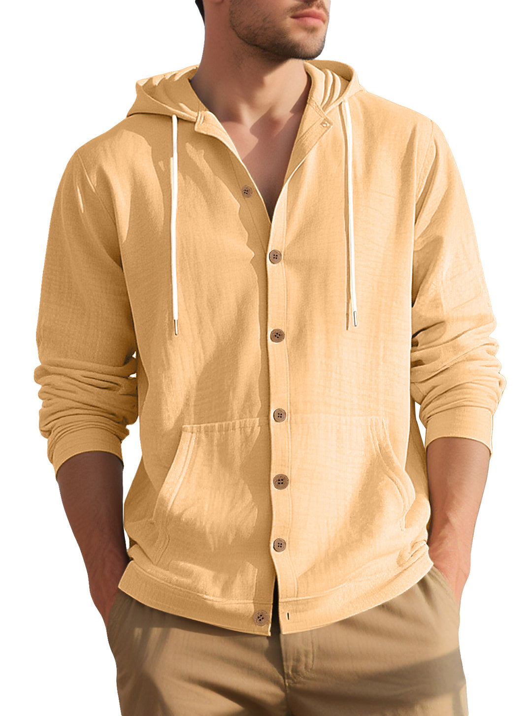 Men's lightweight hooded overshirt in crinkle look with wooden button placket and kangaroo pocket StylebySassy