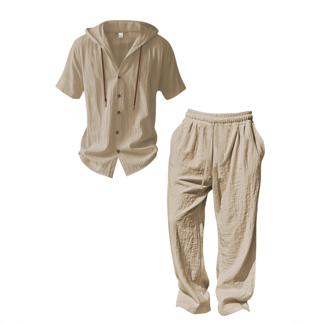 Men's airy linen lounge set with short-sleeved hoodie and straight relaxed pants StylebySassy