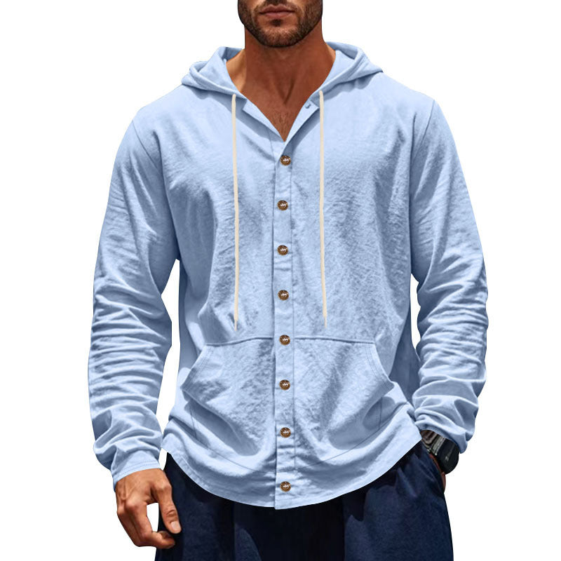 Men's lightweight hoodie cardigan with full button placket, slim fit and kangaroo pocket StylebySassy