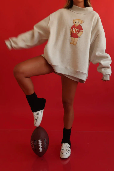 Women's oversized sweatshirt with teddy bear print and stand-up collar StylebySassy
