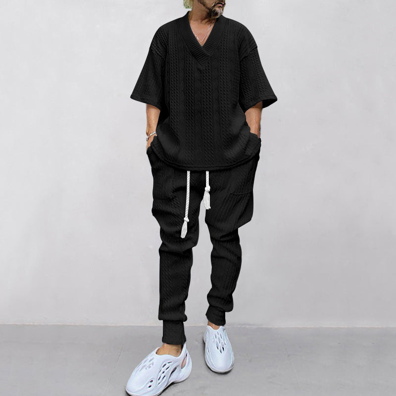 Men's casual knit set with V-neck and drawstring jogger pants StylebySassy