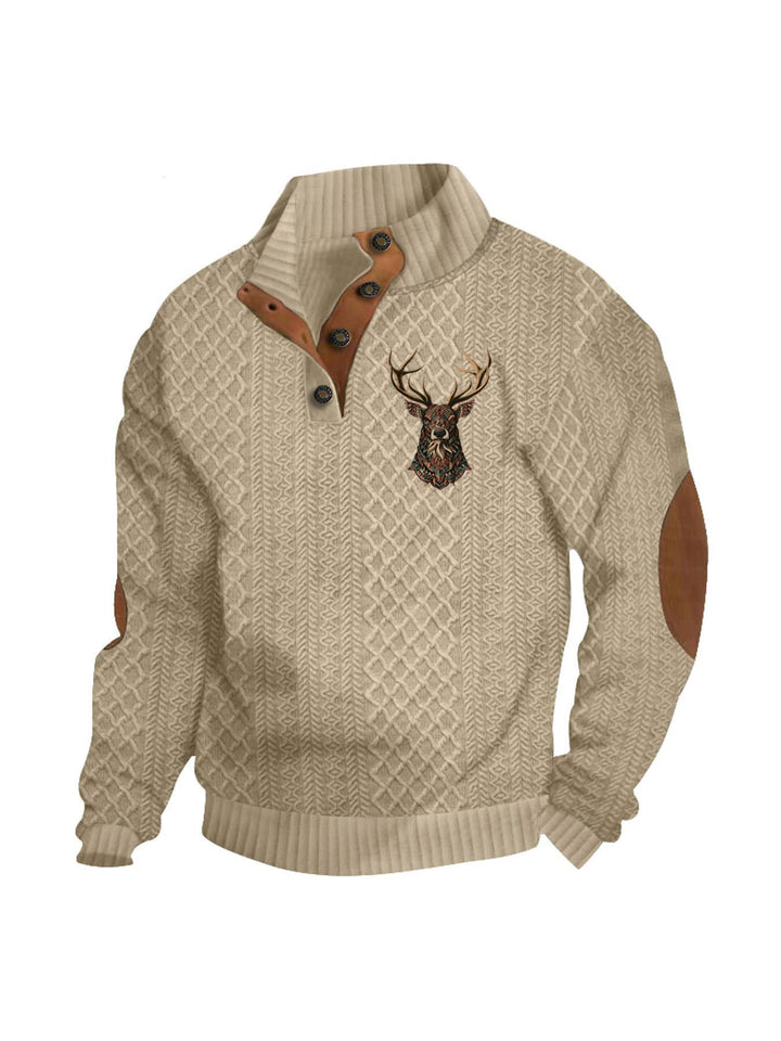 Men's nan Heritage textured pullover with stand-up collar faux leather trim elbow patches and half-button placket StylebySassy
