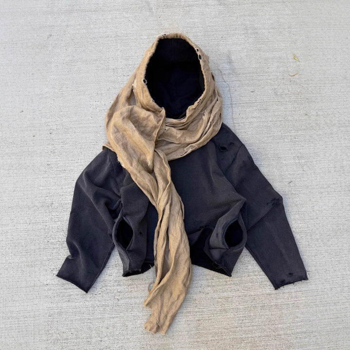 Unisex hooded pullover in usage marks style with attached tube scarf and frayed openings StylebySassy