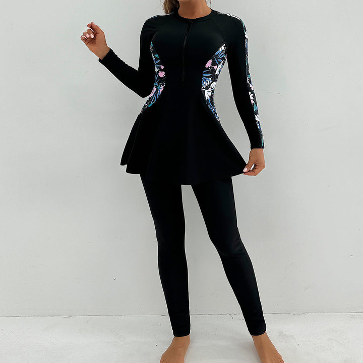 Women's Sporty Long Sleeve Swimming Suit with Flattering Skirt StylebySassy