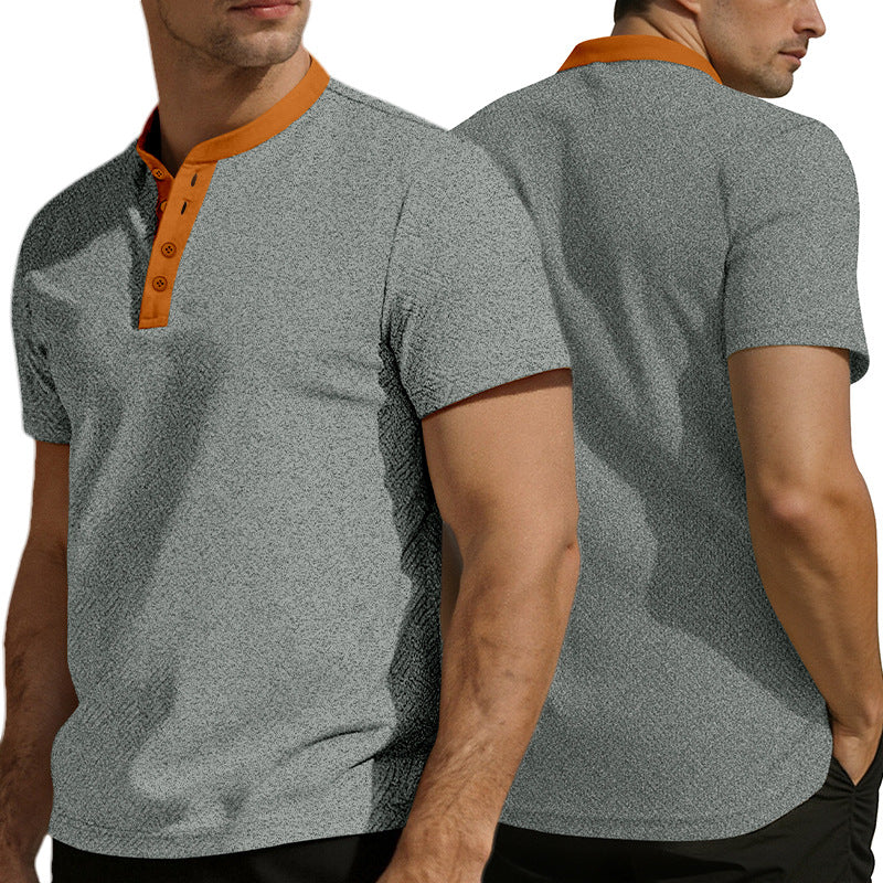 Men's slim short sleeve Henley polo shirt with Mandarin collar and fine jacquard texture StylebySassy