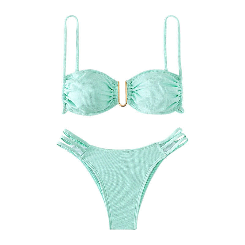 Women's bikini set with modern ruffle details and elegant golden accent StylebySassy