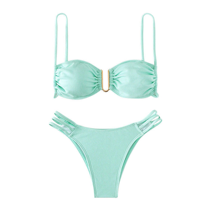 Women's bikini set with modern ruffle details and elegant golden accent StylebySassy