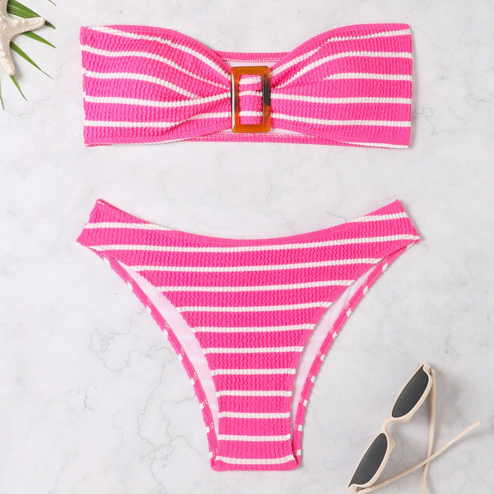 Women's bandeau bikini with a stylish striped pattern and decorative buckle StylebySassy