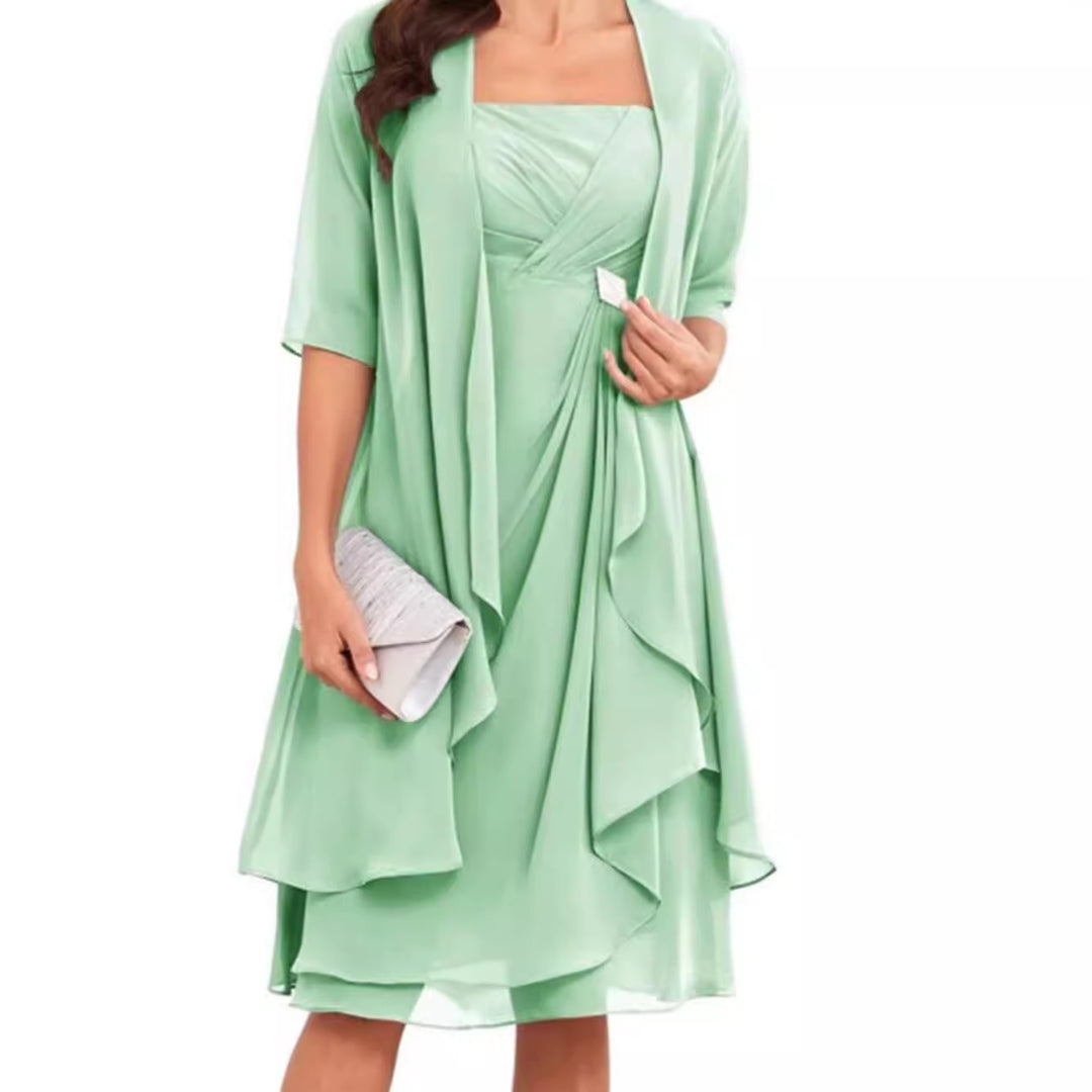 Women's Chiffon Evening Dress with Bolero and Asymmetrical Layered Skirt StylebySassy