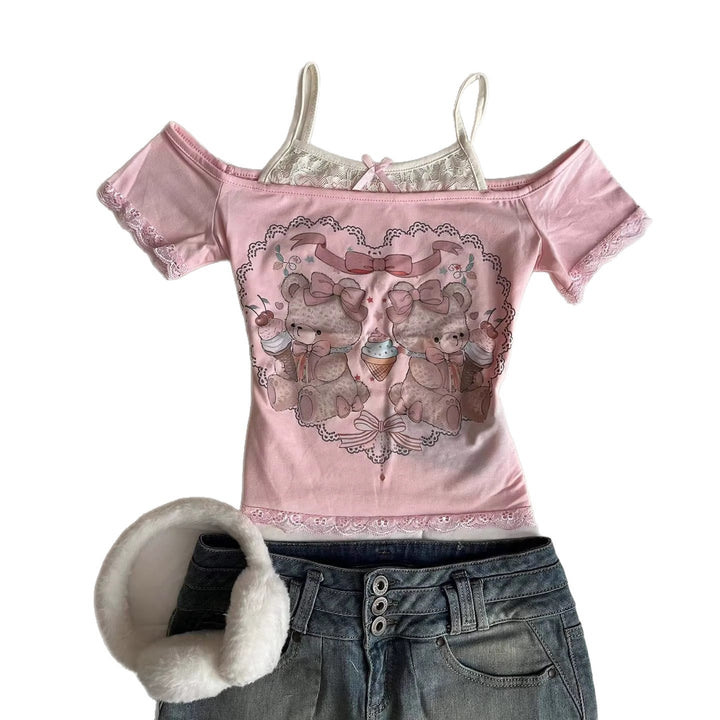 Women Playful T-Shirt with Lace Applications and Cute Bear Motif StylebySassy