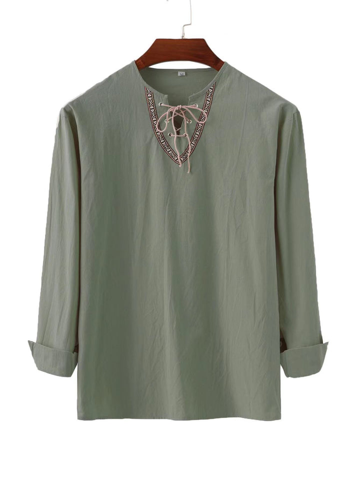 Men's linen tunic shirt with lacing and ethnic border StylebySassy