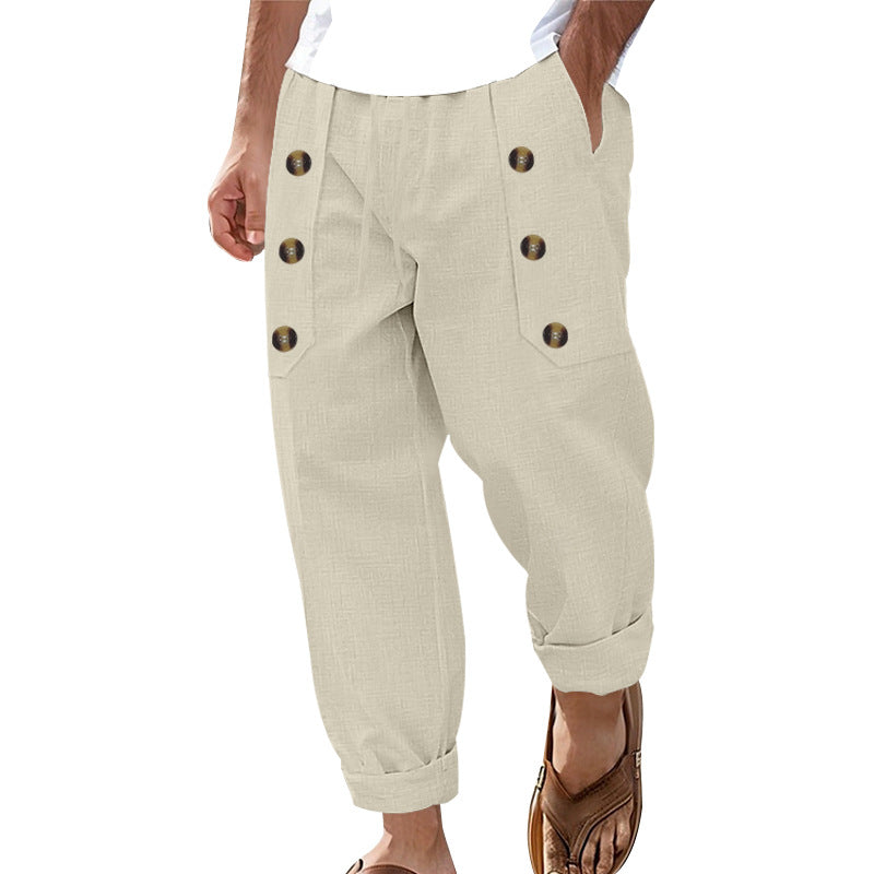 Men's loose linen trousers with decorative button stripes, rolled ankle cuffs, and side pockets StylebySassy