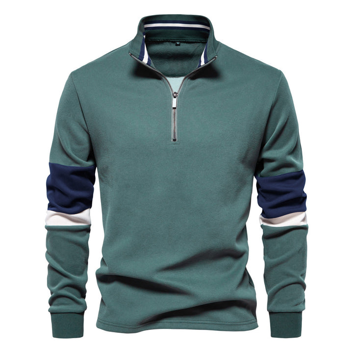 Men's half-zip pullover with stand-up collar, striped collar inner band and contrast sleeves StylebySassy