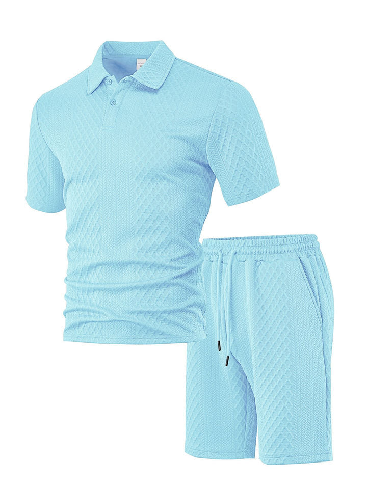 Men's embossed waffle polo with Kent collar and elastic drawstring shorts set StylebySassy