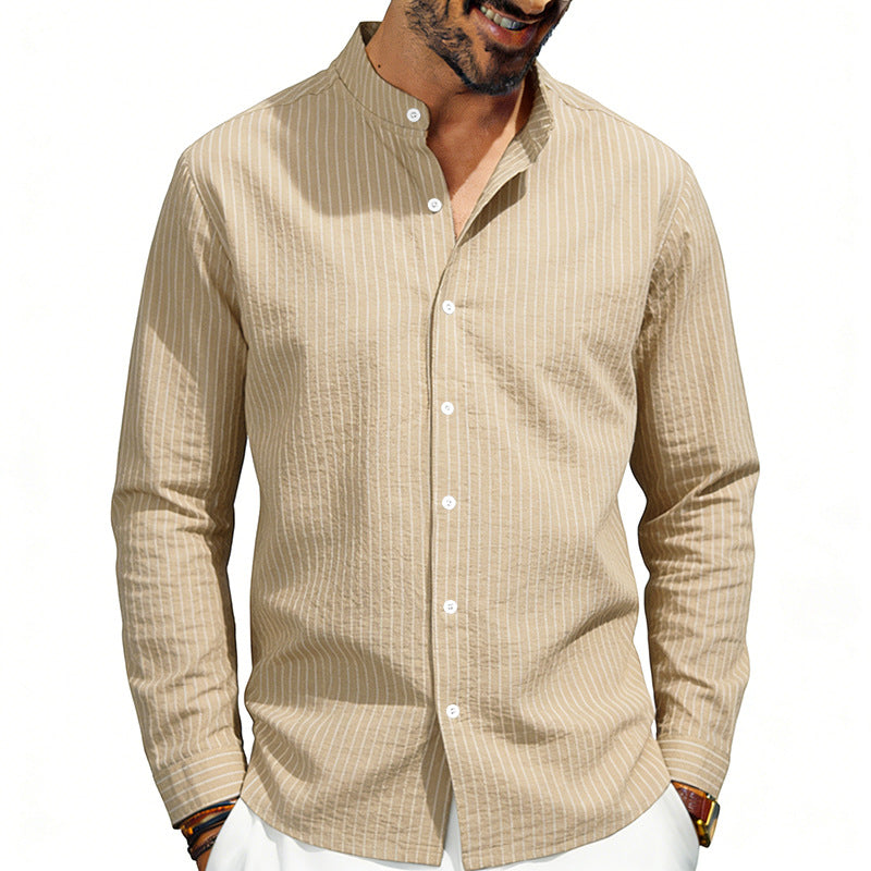 Men's striped stand-up collar shirt made of linen-cotton blend with button placket StylebySassy