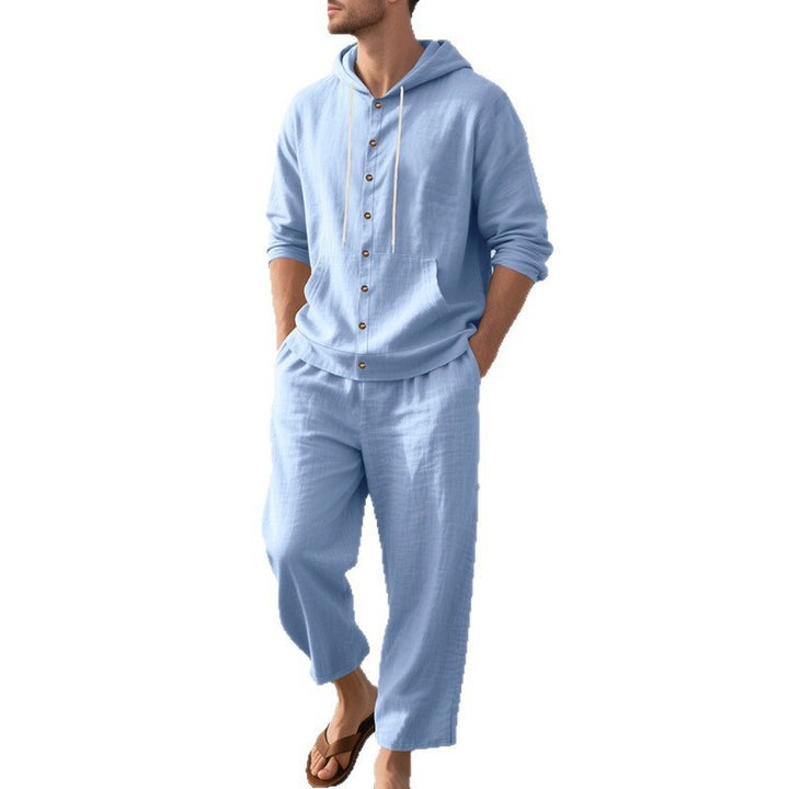 Men's casual linen-cotton ensemble with hooded top and full button placket, kangaroo pocket, and ankle-length wide trousers StylebySassy