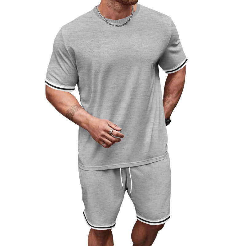Men's casual jersey set consisting of short-sleeve shirt and bermuda shorts with contrasting stripes, elastic waistband, and insert pockets StylebySassy