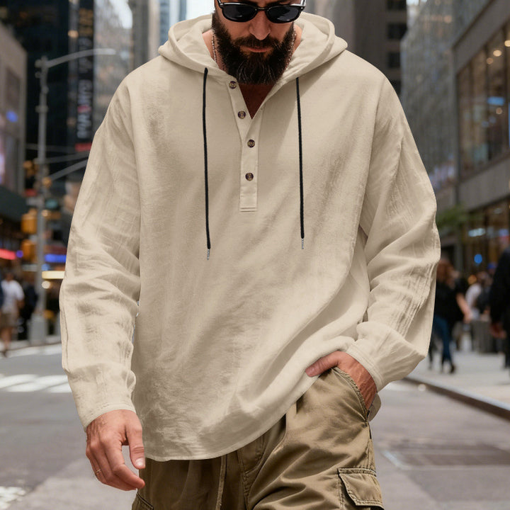Men's lightweight hooded shirt with button placket made of linen blend and relaxed fit StylebySassy