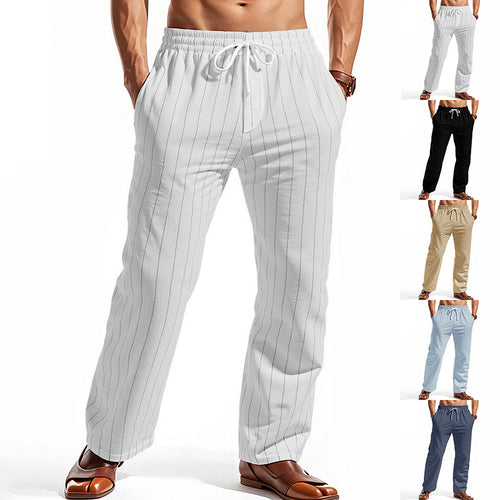 Men's Casual Pinstripe Leisure Pants with Elastic Drawstring Waist, Side Pockets, and Straight Leg StylebySassy
