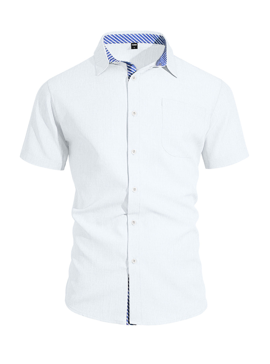 Men's Business Casual Short Sleeve Shirt with Striped Collar Lining and Chest Pocket StylebySassy