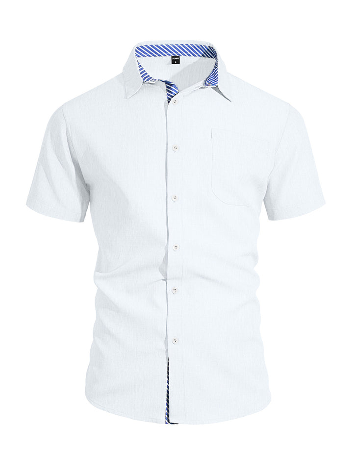 Men's Business Casual Short Sleeve Shirt with Striped Collar Lining and Chest Pocket StylebySassy