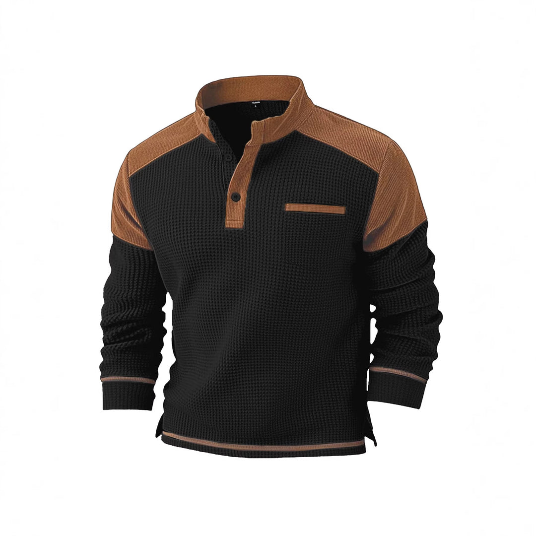 Men's waffle knit henley with stand-up collar, cord shoulder yoke and chest piping StylebySassy