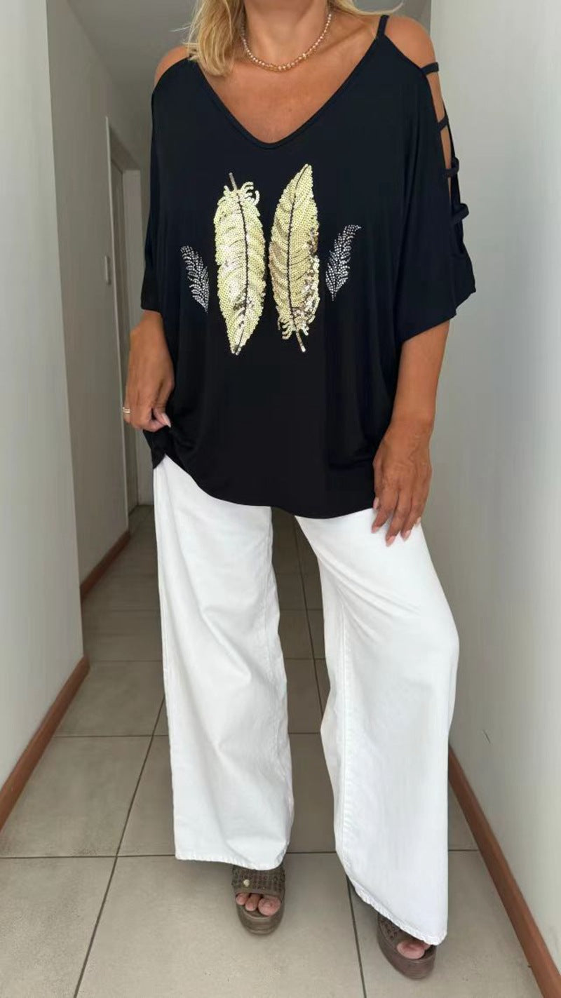 Ladies loose-fitting blouse shirt off-shoulder design with sequin-feather application and split sleeves StylebySassy
