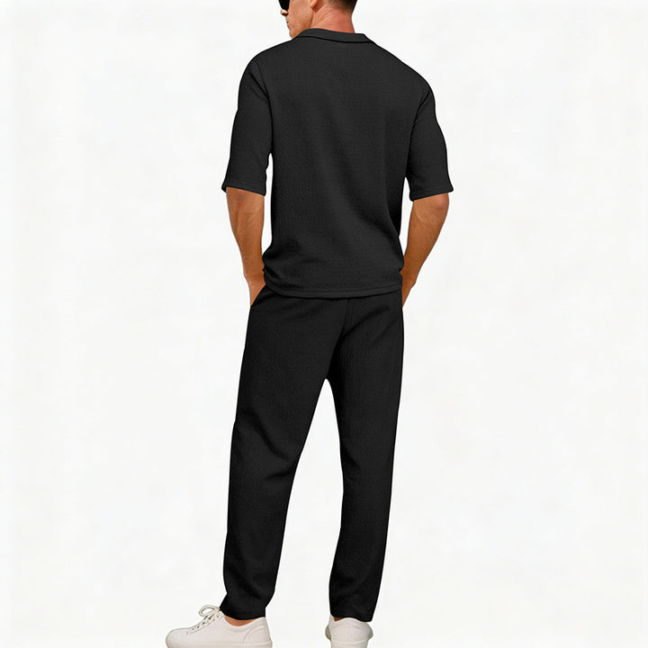 Men's crepe structure leisure set with open lapel collar and straight comfort trousers with side pockets StylebySassy