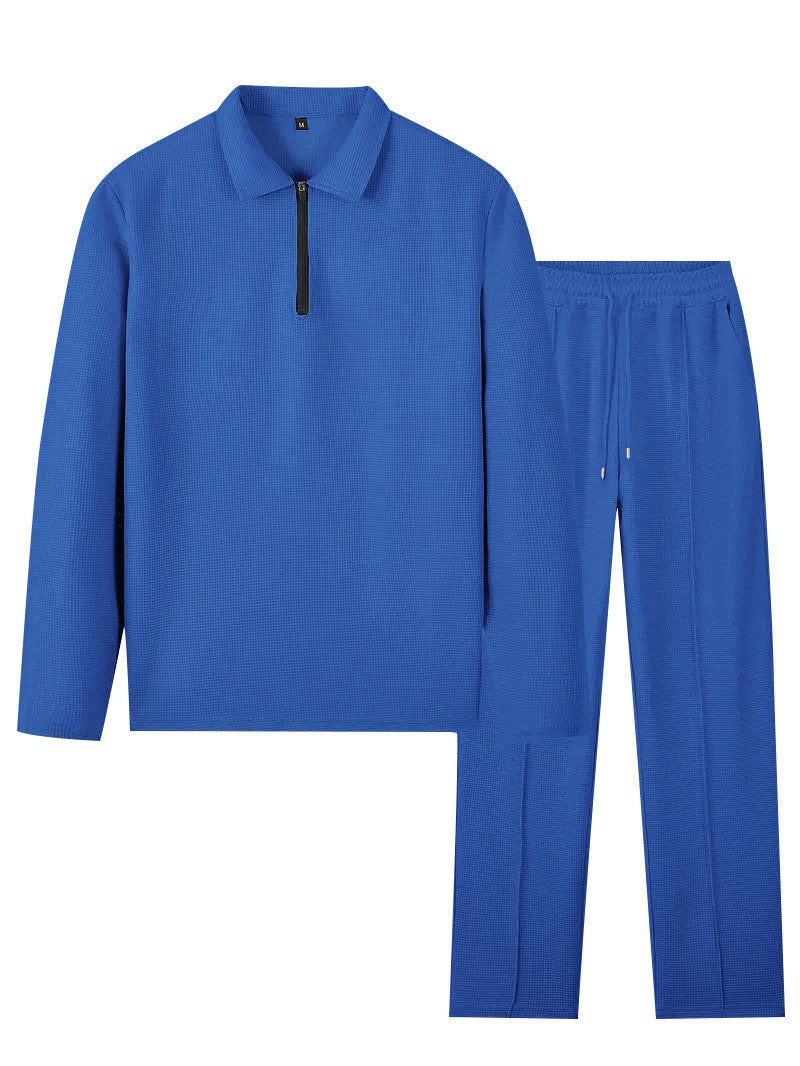 Unisex Nan Waffle Structure Leisure Set with Half-Zip Polo Shirt and Elastic Waist Pants StylebySassy
