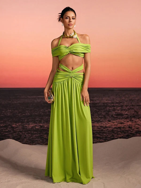 Women's maxi dress with sophisticated cut-out and decorative draping