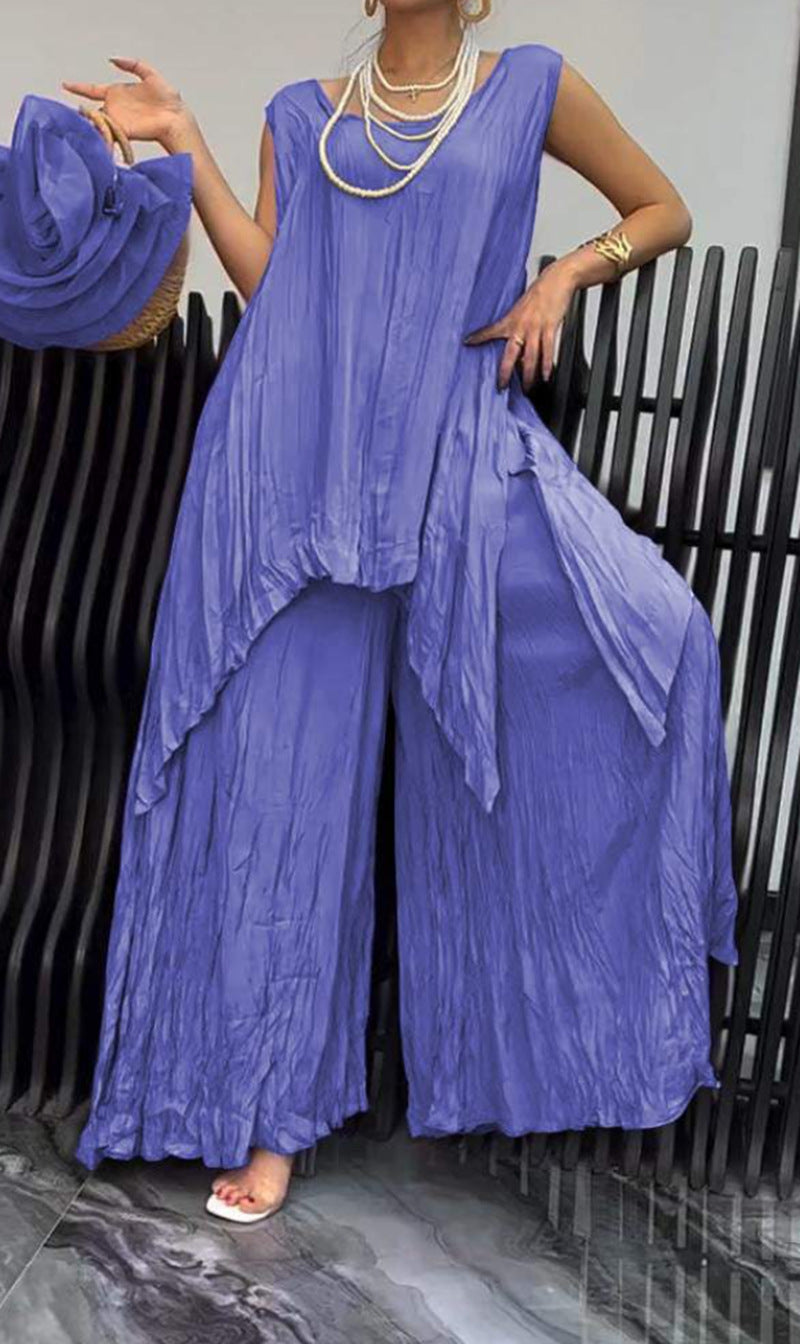 Women two-piece set in airy crinkle look with sleeveless tunic and wide palazzo pants StylebySassy