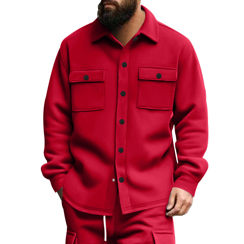 Men's sturdy wool fleece overshirt jacket with patch breast pockets and snap button placket StylebySassy